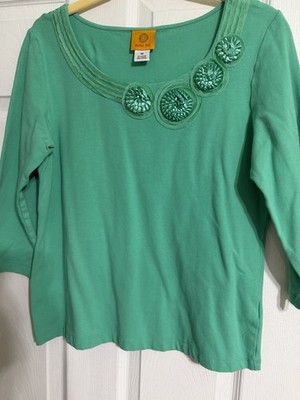 Ruby Rd. Women s Green Scoop Neck 3/4 Sleeve Knit Ruffle Pullover Top M