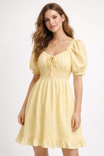 NY&C Yellow Eyelet Lace Milkmaid Dress Size Small Summer Gingham Puff Sleeve NEW