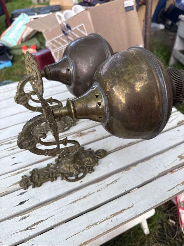 Pair Antique Brass Namna TTO MONNE Wall Sconce Fuel Oil Lamp 12x8 - Image 2 of 4