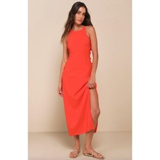 Lulus Masterfully Mod Bright Orange Side Button Midi Dress Cutout Large NWT