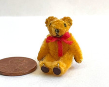 DOLLHOUSE MINIATURE SMALLER SCALE JOINTED TEDDY BEAR WIRH RED BOW