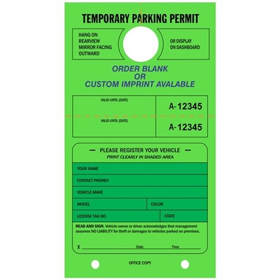 TEMPORARY PARKING PERMIT  Mirror Hang Tag numbered and with Tearoff Stub pk004fg