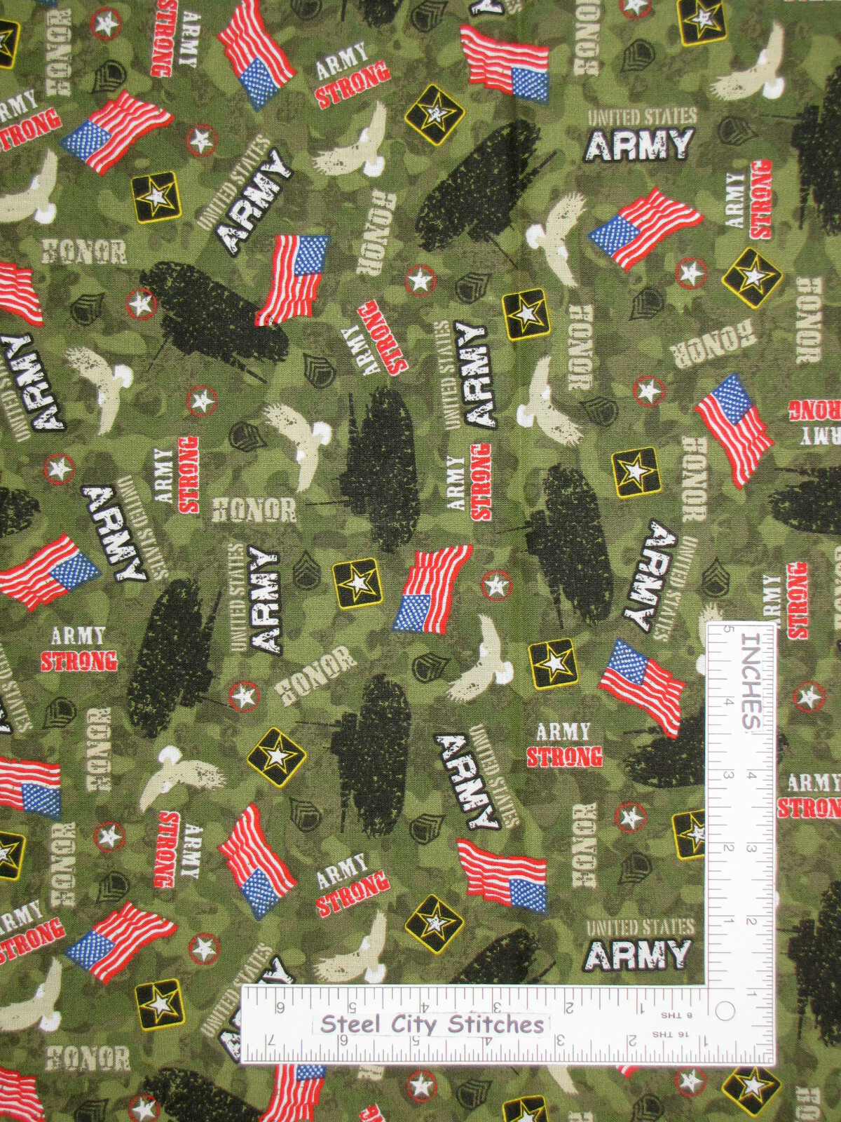 Military US Army Fabric Tank Eagle Flag Toss Green Cotton Patriotic 30" Length