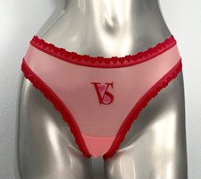 Victoria's Secret Thong Panty Pink  Red Sheer Mesh Heart Trim M L