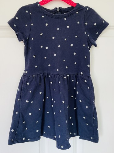 Monoprix Kids Navy Cotton Dress Pockets Beige Stars, 3 Years, 93-97 cm, French