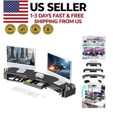 Dual Monitor Stand Riser Desk Organizer with Drawer and 2 Pen Holders Black