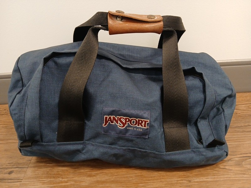 Vintage Jansport Small Leather Handle Duffle 18 Inch Dark Blue Made USA !