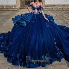 Royal Blue Ball Gown Dresses Ruffles Beadings Off Shoulder Satin Dress Wedding