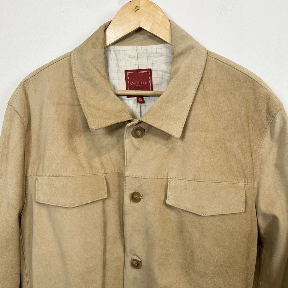 Chaqueta de Gamuza Cole Haan Country Pig Para Hombres XL Cuero Tostado Vestido Abrigo Clásico Granero Foto 2 de 4