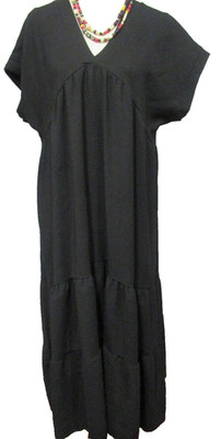 Black Midi Dress Womens Size L Loose Fit Tiered Casual Boho Black