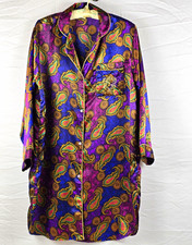 VTG 80s 90s Adolfo Classics Purple Paisley Satin Sleep Shirt Nightgown Crest