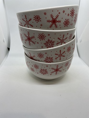 4er Set Royal Norfolk 5,5 Zoll Breite rot-weiße Schneeflockenschalen Müsli Suppe - Bild 1 von 5