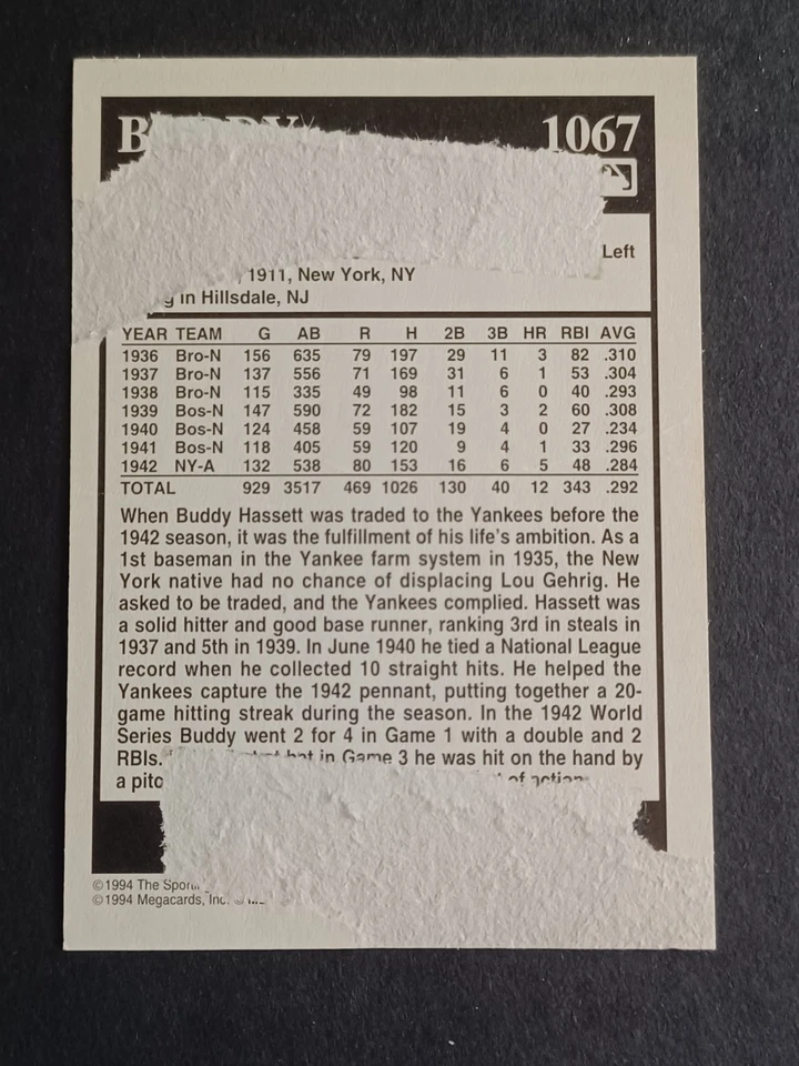 Buddy Hassett Signed 1994 Conlon Collection - Braves - Autographed - Image 2 of 2