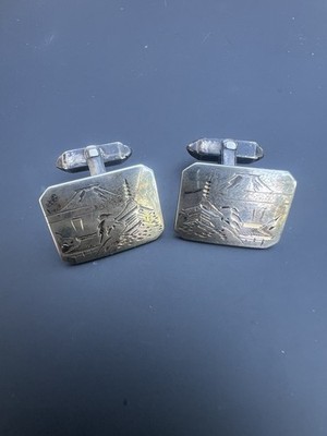 Vintage Sterling 950 Japanese Cufflinks Engraved Mount Fuji 40 s, 50 s