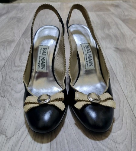 Balmain Paris Heels Women’s Slingback Pumps Black Beige Bow Logo Shoes Size 5 Us - Picture 4 of 15
