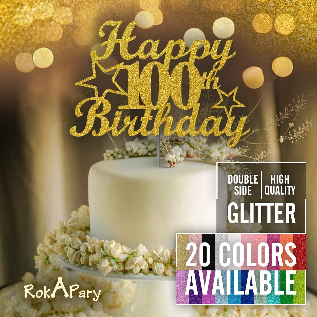 Tortenaufsatz „Happy 100th Birthday“ – Schwarz/gold, Glitzernd, Fertig Montiert