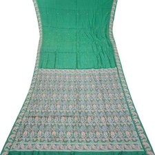 Vintage Green Sarees 100 Pure Silk Woven Hand Embroidered Sari 5YD Craft Fabric