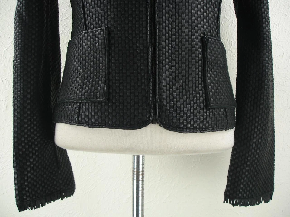 Women's XS Max Studio Special Edition Black Woven Leather Jacket Blazer Fringe - Image 3 of 4