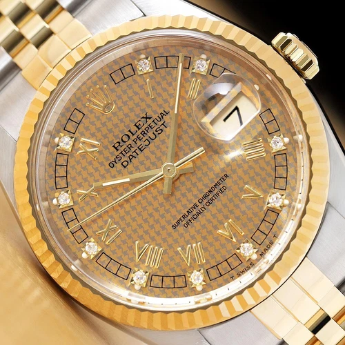 ROLEX MENS DATEJUST 16233 HOUNDSTOOTH FACTORY DIAMOND ROMAN 18K GOLD SS WATCH
