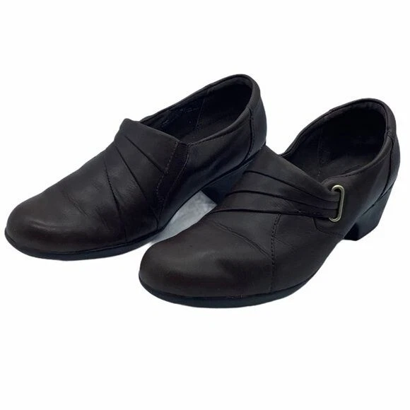 Mocassini Clarks donna taglia 7 slip on tacco 2" pelle marrone plantare ortolite