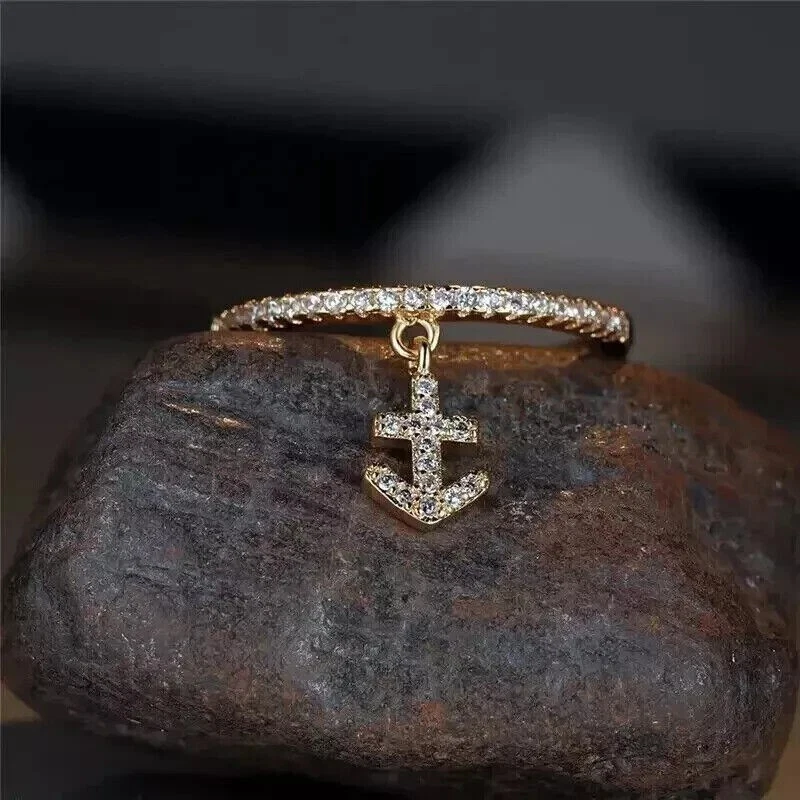 Round Cut Simulated Diamond Stunning Anchor Dangle Ring 14k Yellow Gold Plated - Image 2 of 4