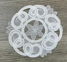 Small Vintage Round Doily, Scrolls & Flowers, White, Shear, Battenberg Lace