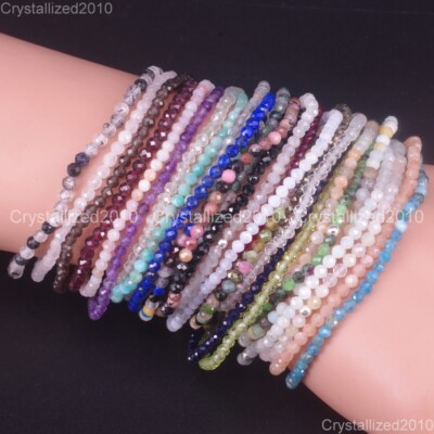 Natural Faceted Round Gemstone 2mm 4mm Handmade 925 Silver Stretchy  Bracelet 7