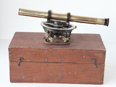 VINTAGE TRANSIT LEVEL CHARLES BRUNING CO. & WOOD BOX BRASS LEVEL OLD TRANSIT