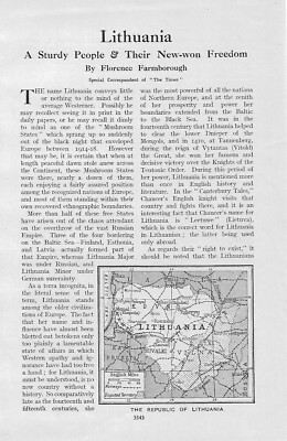 DIE REPUBLIK LITAUEN KARTE um 1920 ALTER ILLUSTRATIONSDRUCK
