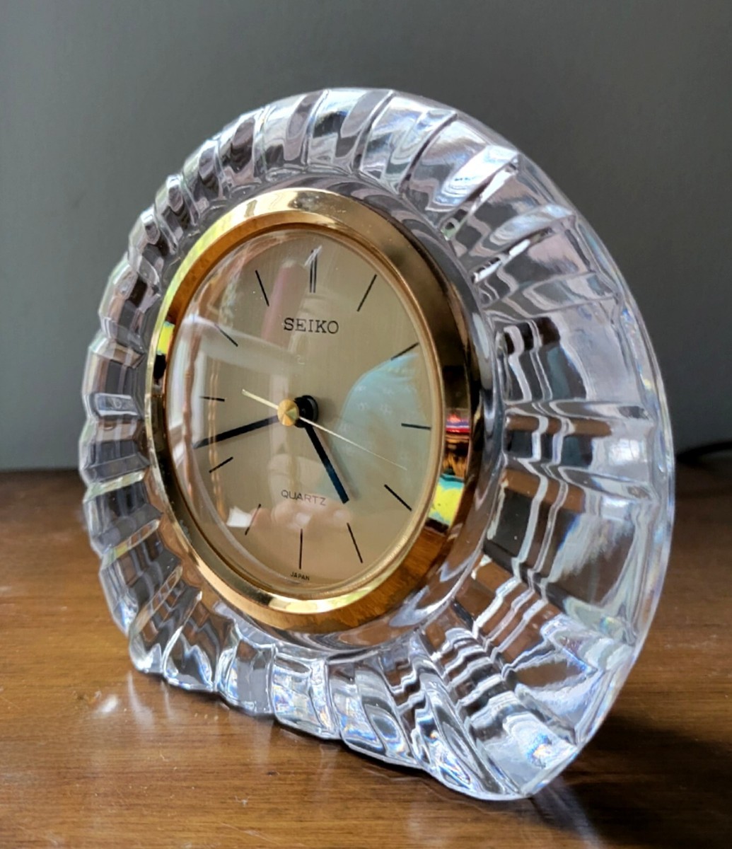 Seiko Quartz Desk Mantle Clock Japan Clear Lead Crystal Brass
