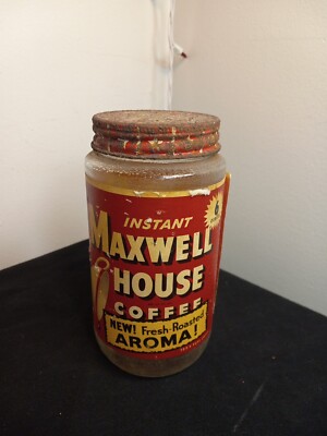 Vintage Maxwell House Instant Coffee 2 OZ Glass Jar Paper Label