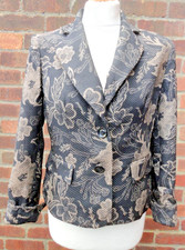 Vintage Womens Black & Gold Floral Print Jacket Lined Pockets Open Weave Fabric