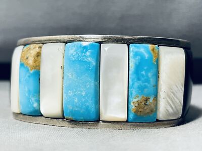 6.5 INCH WRIST VINTAGE NAVAJO TURQUOISE INLAY STERLING SILVER