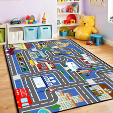 Car Track Rug Blue Road Rug for Kids, Car Traffic Road Play Mat for Kids Room Be