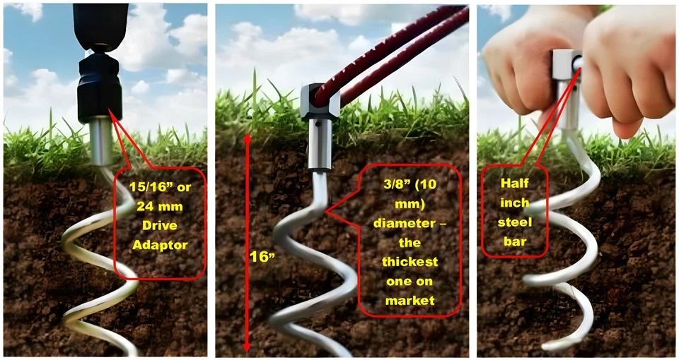4 anclajes de tierra atornillados - estaca de tierra en espiral 16"- para asegurar tienda de campaña y más Foto 4 de 4