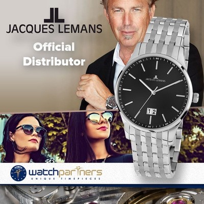 JACQUES LEMANS 'Classic' London Big Date Watch 10ATM 40mm S/S Case Black Dial