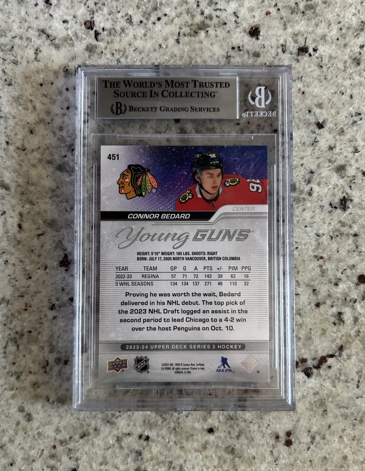 2023 UPPER DECK #451 CONNOR BEDARD YOUNG GUNS RC ROOKIE BGS 9 [3x9.5, 8.5] 🔥🔥 view 2