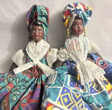 2~Jamaican Caribbean Dark Dolls 15" Ethnic Folk Art Porcelain Face Handmade