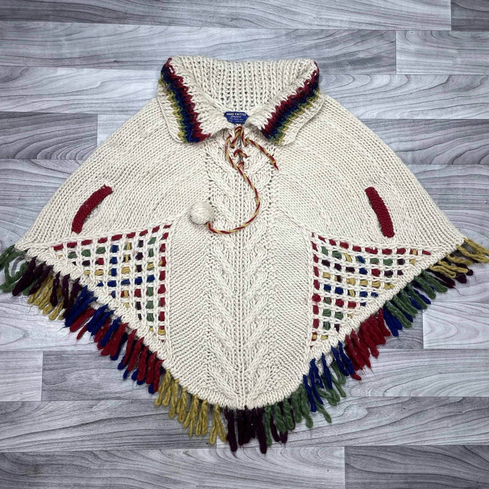 Vintage 60s 70s Wool Poncho Cape Hand Loomed Multicolor Bohemian Indie