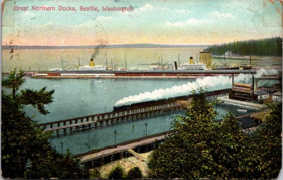 #ad Great Northern Docks Seattle Washington Postcard Ships Train c1910 $4.50