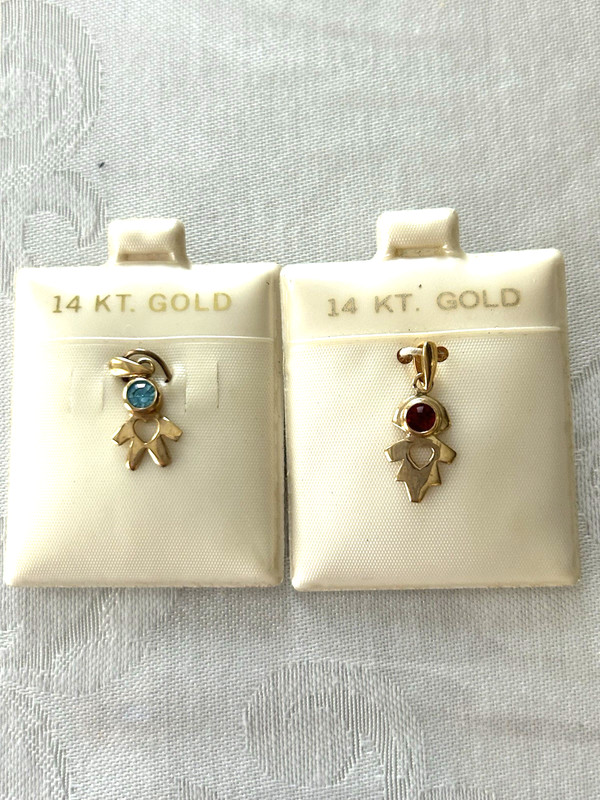 14K Yellow Gold Girl And Boy Charm Set With Blue Topaz And Garnet Stones