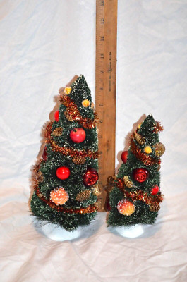 Bottle Brush Christmas Trees Decorated with Fruit Pinecones Lot 9in & 7in