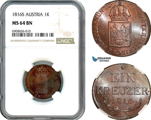 AK197, Austria, Franz II, 1 Kreuzer 1816 S, Smolnik Mint, NGC MS64BN, Top Pop!