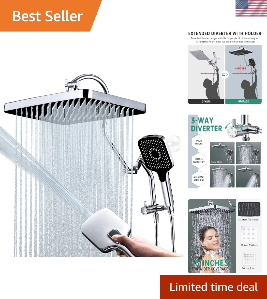 13-Inch Shower Heads with Multi-Function Handheld Sprayer Combo, 3-Way Metal ...