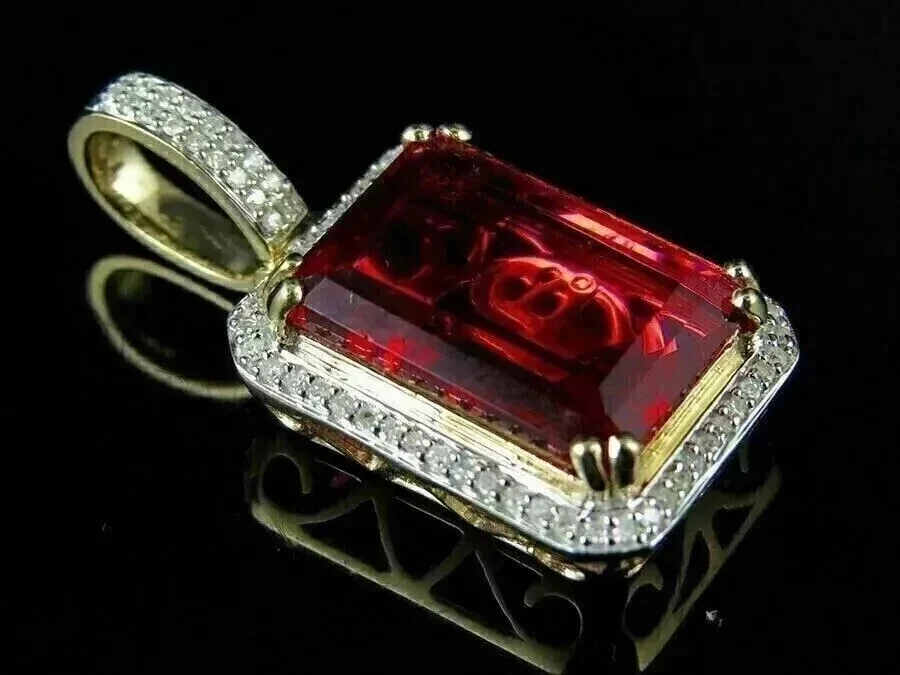 2Ct Emerald Cut Lab Created Red Ruby Women's Gift Pendant 14K Yellow Gold Plated - Image 2 of 4