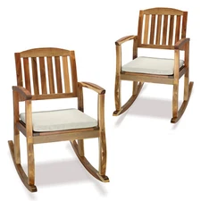 2 Pcs Patio Acacia Wood Rocking Chair with Cushion Durable for Outdoor Balcony