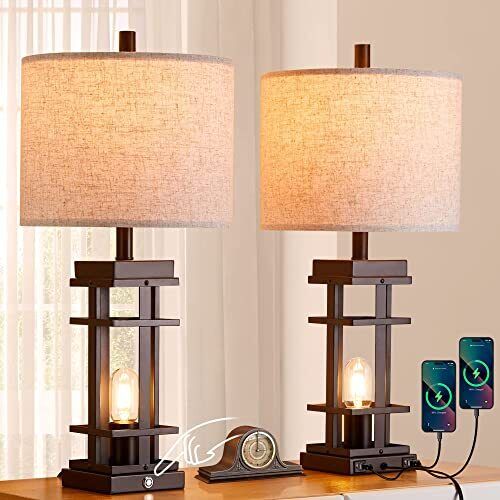 Set of 2 Farmhouse Table Lamps with USB Ports, 26"Tall Bedside Brown Rustic