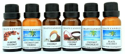 6 Bottle Set Coconut Collection Fragrance Premium Oil 1/2 Oz Each Crazy Candles