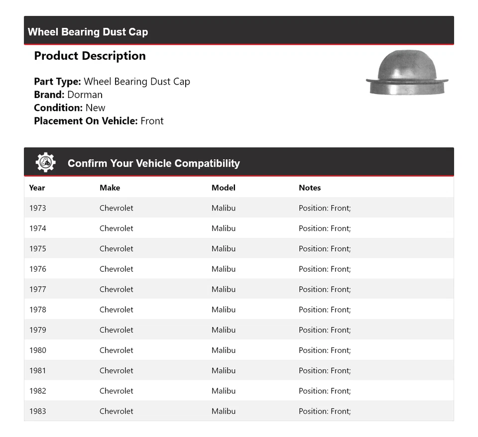 Tapón antipolvo delantero para Chevrolet Malibu Dorman 1973-1983 cojinete de rueda 1974 1975 Foto 2 de 4