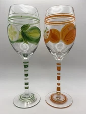 2 Hand Painted & Hand Blown Lime & Orange Stemmed Wine Glasses, 10 Oz, 8.75” EUC